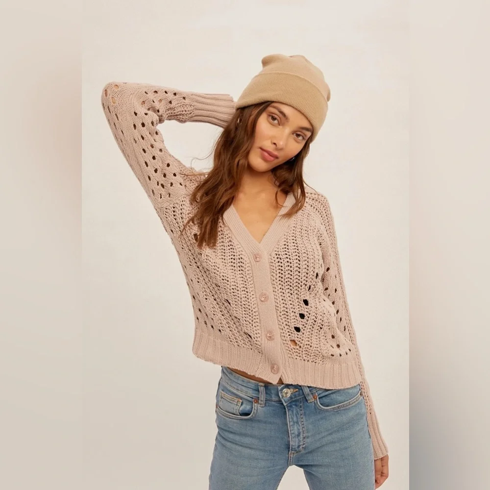 NWT Hem & Thread Pointelle V-Neck Button Down Cropped Cardigan - Picture 6 of 17